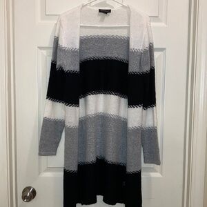 Fortune+Ivy Gray Black White Striped Open Front Cardigan Oversized Medium Small